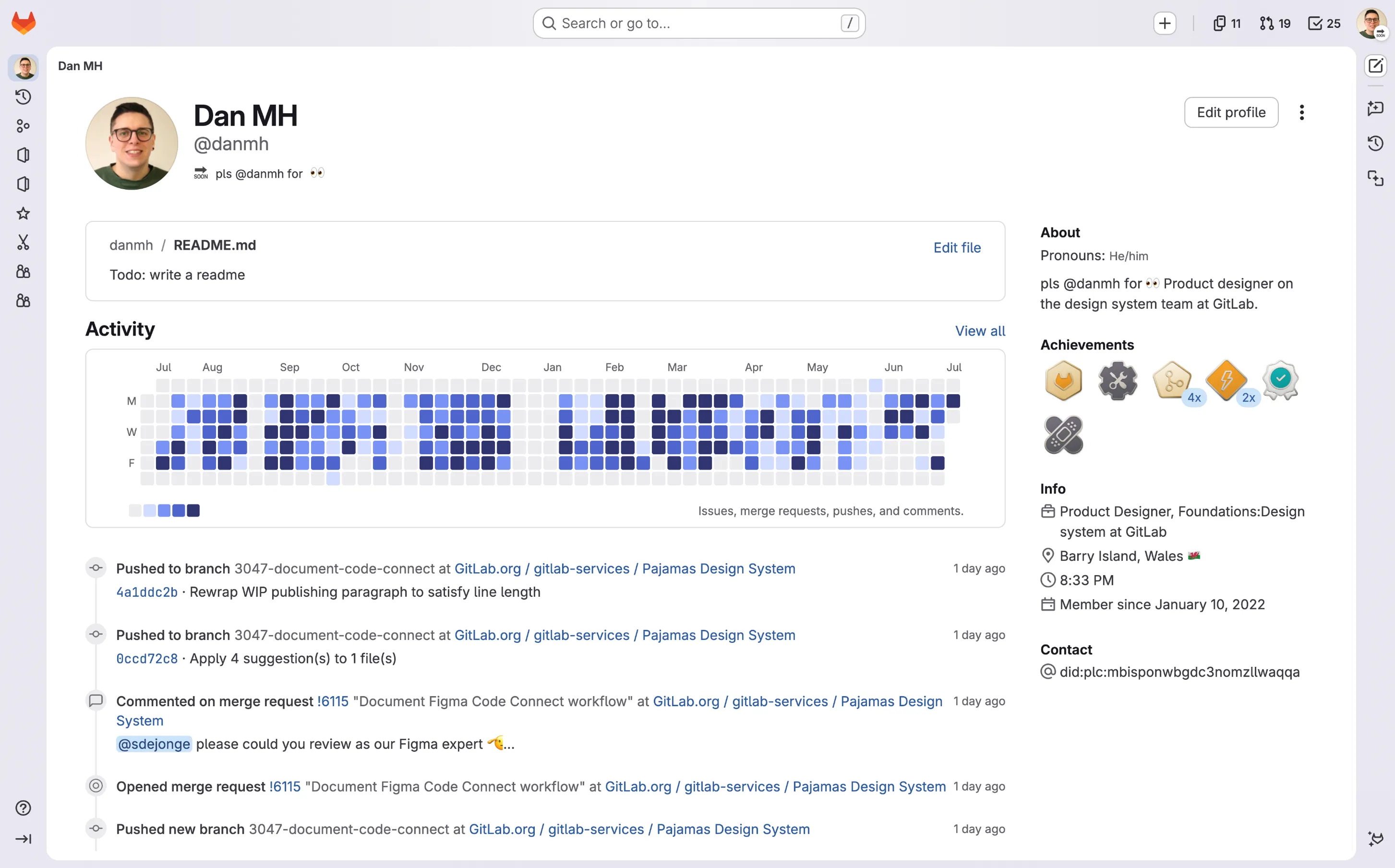 Screenshot of gitlab.com/danmh showing a todo to write a readme, a busy activity graph, and some meta data about danmh.